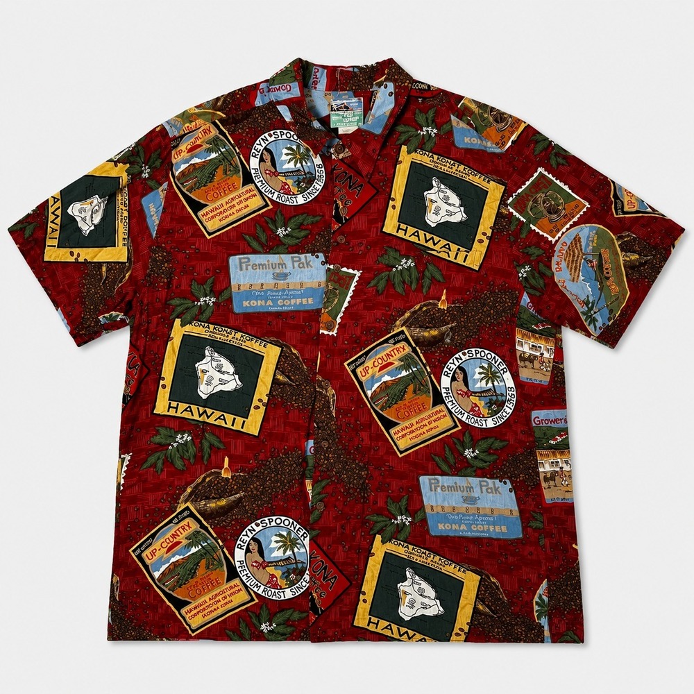 Reyn Spooner Kona Coffee Hawaiian Shirt Mens XXL Red Aloha Camp Rayon USA